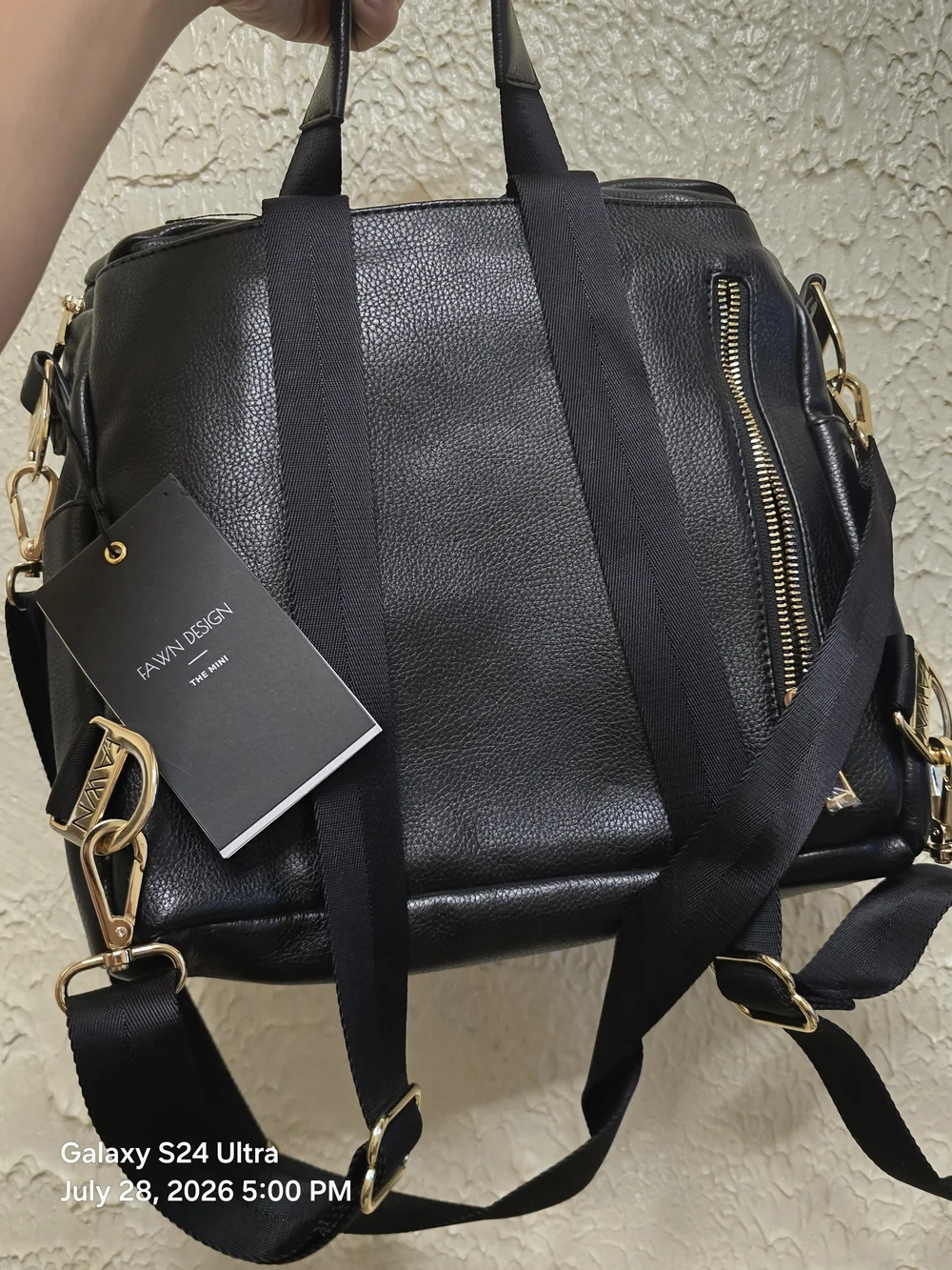 Fawn Design Black Leather Backpack with Gold Hardware